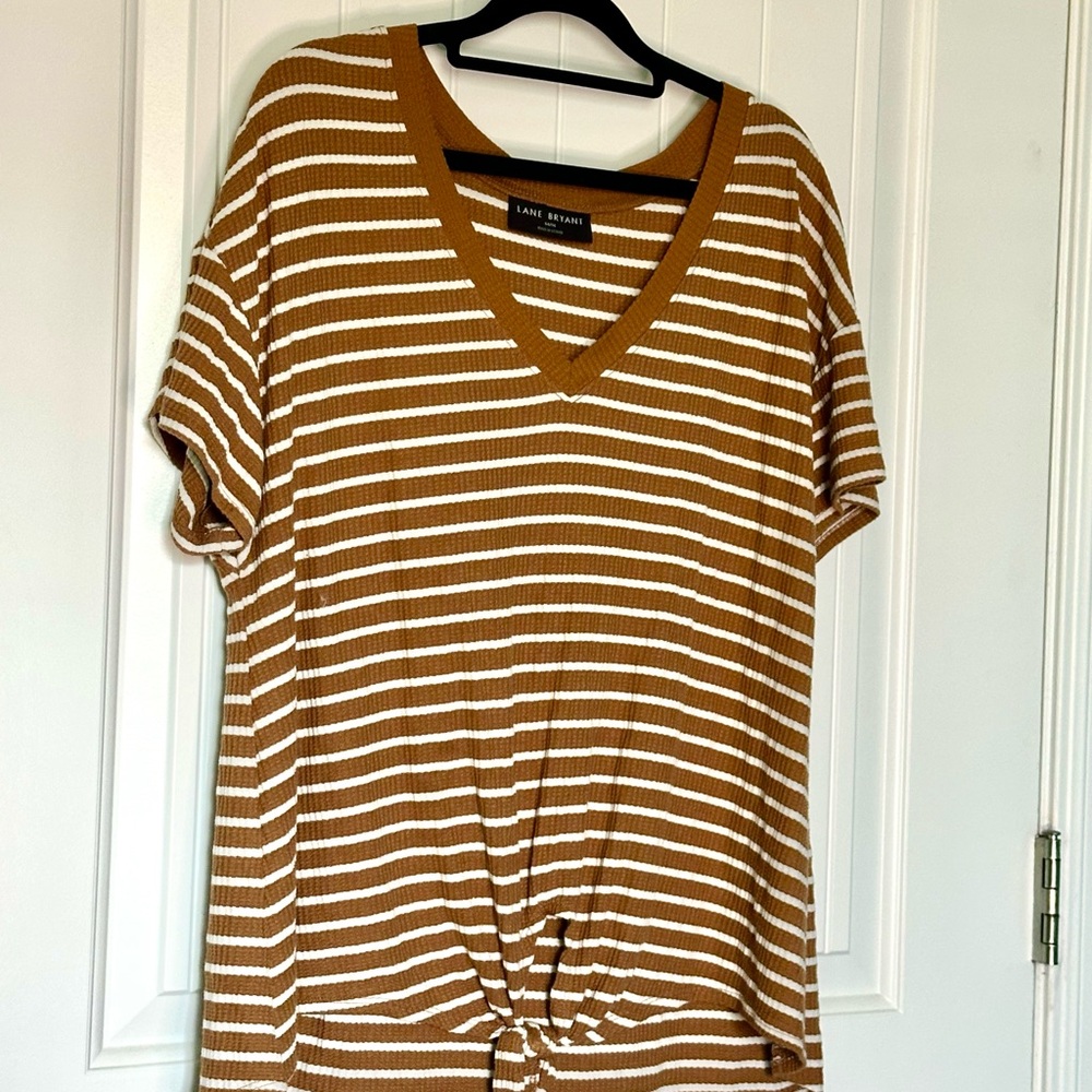 Lane Bryant Tan and White Striped Short Sleeve Top- 14/16